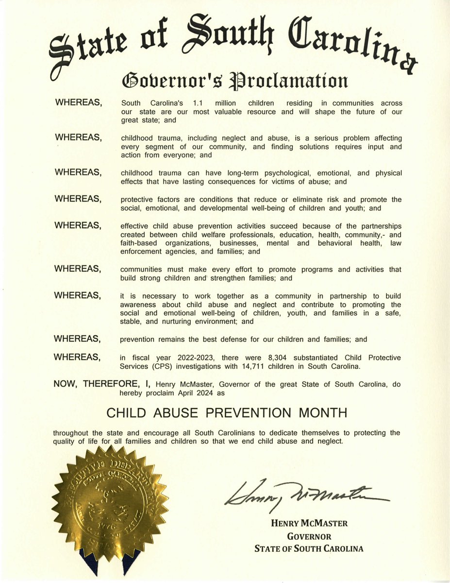 Governor Henry McMaster has proclaimed April as Child Abuse Prevention Month! 💙

From the state house to your neighborhood, we all must continue working together to build the systems, communities and relationships that support kids and families.

#ChampionsForChildren