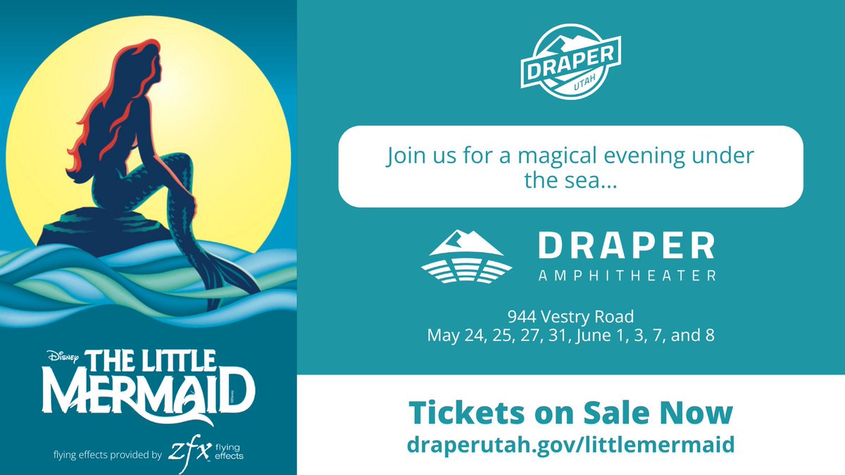 The Drapers Arts Council is pleased to present The Little Mermaid at the Draper Amphitheater. Based on the classic fairy tale and animated film, experience a magical theatrical experience for all ages. Learn more and get tickets at draperutah.gov/littlemermaid