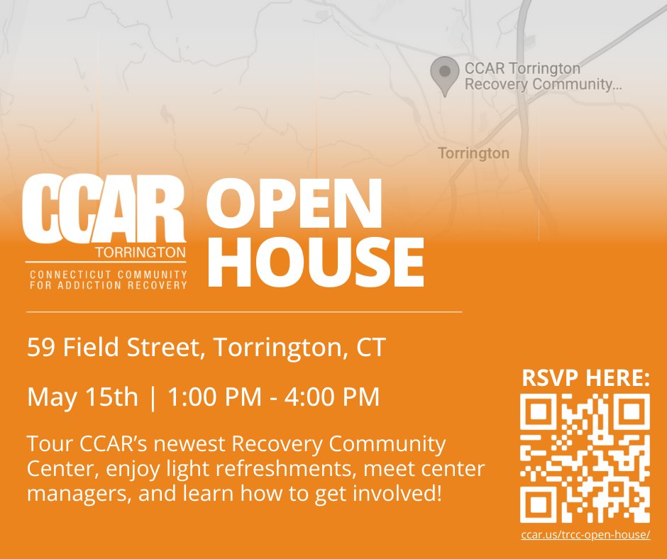 Torrington Recovery Community Center is hosting an Open House to celebrate their opening! Join us on May 15th at 1 PM to learn more and celebrate 🙌 RSVP here: ccar.us/trcc-open-hous… #torringtonct #recoverycommunity #addictionrecovery