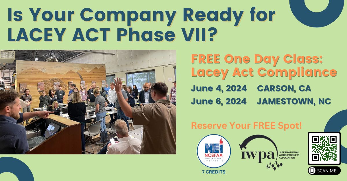 SIGN UP AND SHARE! FREE In-Person Lacey Act Compliance Training on both the east and west coast! This is available now through a grant from APHIS. Learn more and SIGN UP TODAY. iwpawood.org/page/LaceyActC… #laceyact #laceyactcompliance #compliance