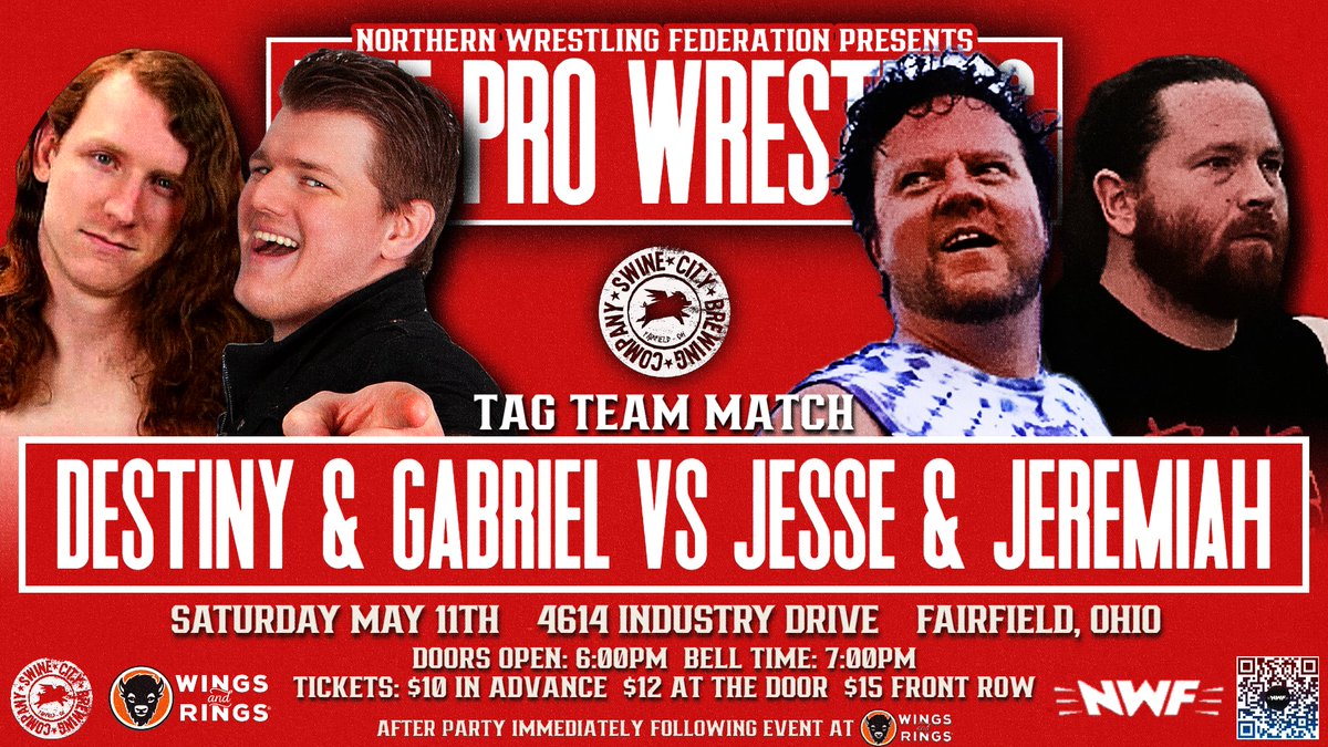 The first match signed for our BIG return to @SwineCityBrew on May 11th will be a tag team match as @JesseHyde15 teams with his baby brother, @kpcjeremiah, to take on the team of Mr. Destiny and in his brand new diaper, @_NoahGabriel! 🎟: nwfwrestling.com/events 🚪: 6 p 🔔: 7 p