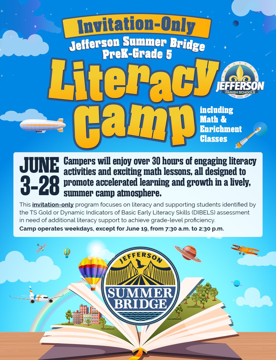 #JPSchool PreK-5 Summer Bridge Literacy Camp registration is currently open until May 18. This camp is invitation only. Breakfast and lunch will be served. Transportation will be provided. Seats are limited. Visit jpschools.org/summerbridge to register students or for more info.