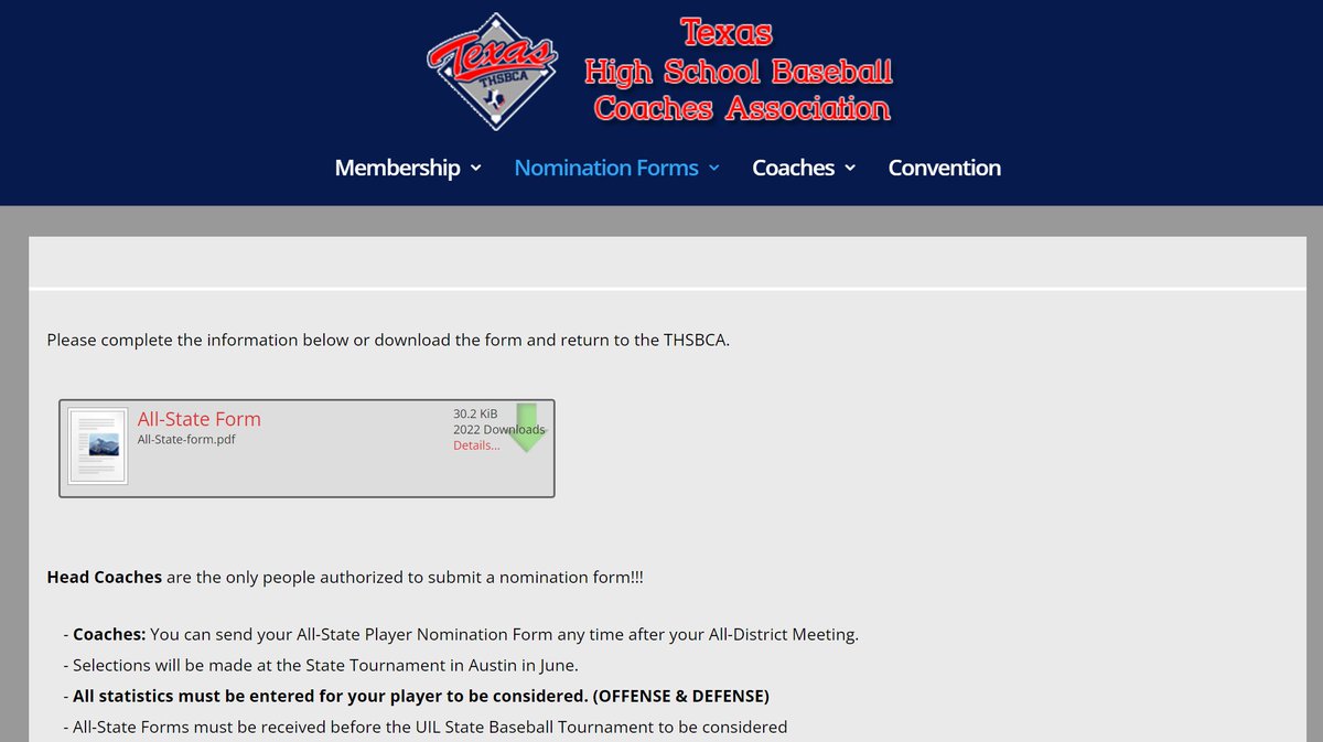 @THSBCA Coaches PLEASE DO NOT USE THE OLD FORM. Use only the link that has been sent and is on the new website. If your nomination came from the site pictured below it is the wrong one.