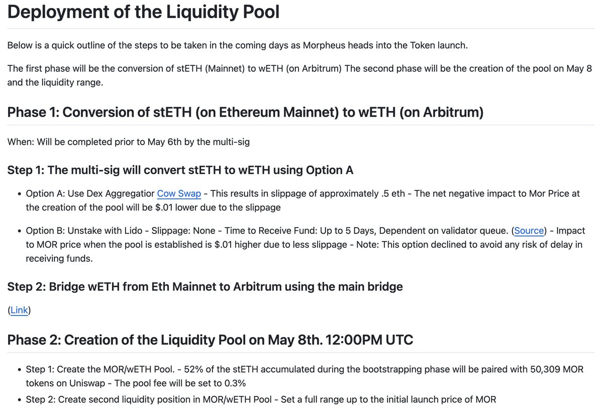 Important Notes on Uniswap Pool for MOR on Arbitrum github.com/MorpheusAIs/Do… BEWARE of Fake Token Pools & SCAMS. The MOR Uniswap pool address will be posted on the Morpheus Discord, X, Telegram & Farcaster channels when live May 8th 2024 around 12 noon UTC.