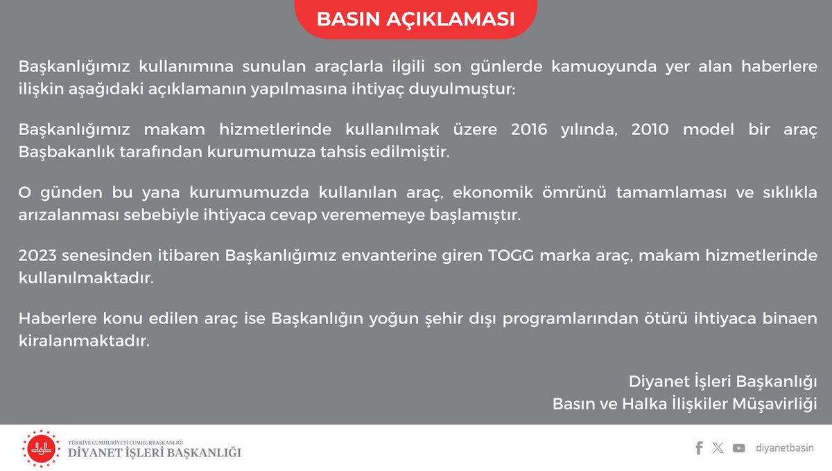 BASIN AÇIKLAMASI Diyanet İşleri Başkanlığı, son günlerde kamuoyunda yer alan söz konusu araçlara ilişkin açıklama yaptı.