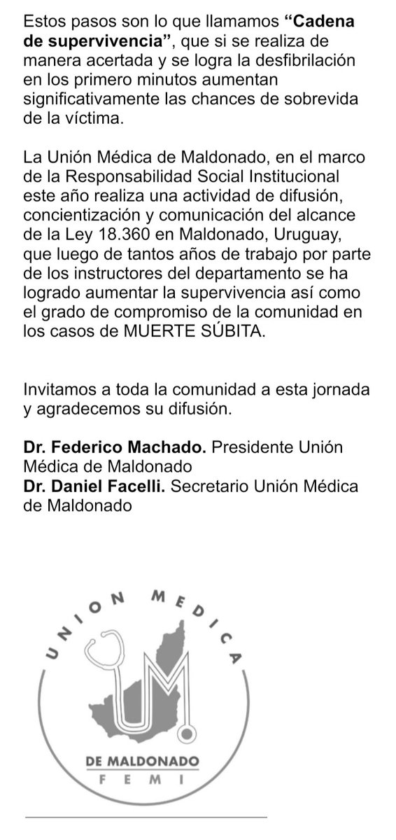 Como instructor en Resucitacion Cardiaca <a href="/cardiosaluduy/">Comisión Cardiovascular</a> en el marco de la Responsabilidad social Institucional <a href="/medica_union/">Unión Medica de Maldonado</a> hacemos extensiva la invitación para el 11 de Mayo "Dia Nacional de la Resucitacion Cardiaca"...los esperamos <a href="/220uy/">220.UY | Portal de Noticias</a> <a href="/emekavoces/">Marcelo Umpierrez 📞099323625</a> <a href="/fmgenteradio/">Fm Gente🇺🇾📲 094054756</a> <a href="/Portada_ok/">Portada Punta 📞096786576</a>
