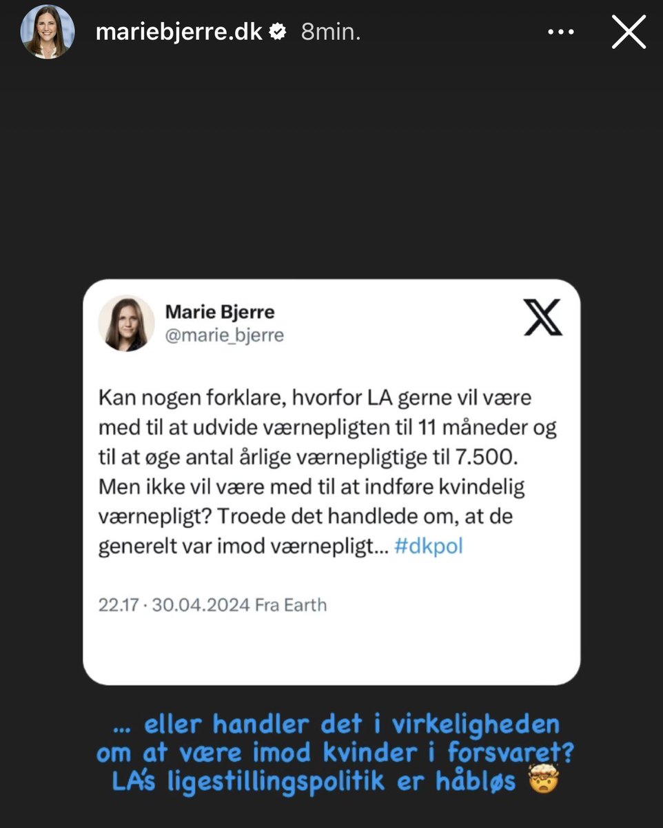 Hvorfor tager du igen de lave skyts på en instastory, @marie_bjerre?

Men for at besvare den:
Nej. Kvinder skal fortsat være i forsvaret - vi vil gerne have endnu flere.

Tvang mener vi dog er det sidste vi skal ty til. 
Både for mænd og kvinder.

Men god delaftale i dag!

#dkpol