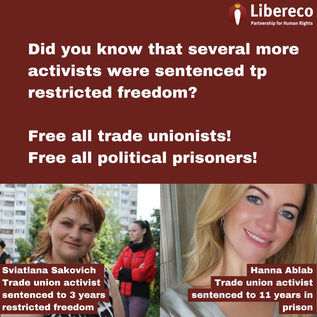 On #LabourDay, we stand in solidarity with all trade unionists in Belarusian prison! No one should be deprived of their freedom for fighting for workers' right to organise. Sign the petition for the release of all political prisoners on libereco.org/petition #WeStandBYyou