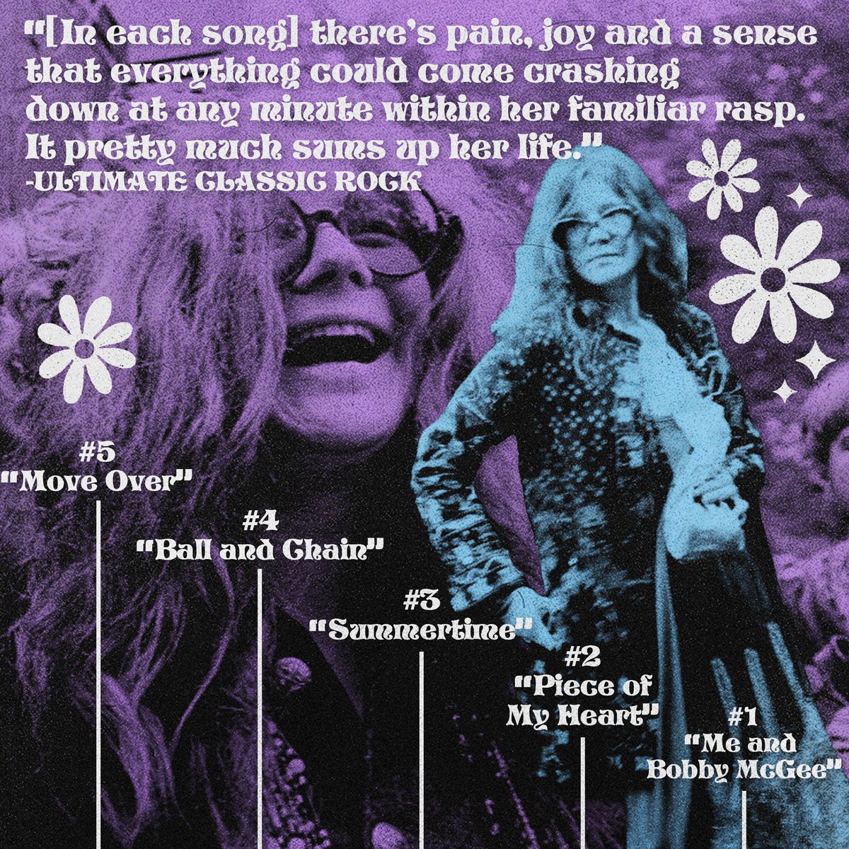 “Sometimes I'm attracted to the 'Mercedes Benz' song because it's so like Janis, so having fun, laughing, acknowledging the craziness of life.” -Michael Joplin

ULTIMATE CLASSIC ROCK named these 5 tracks Janis' best. Which of these hits is your favorite?

📸Getty