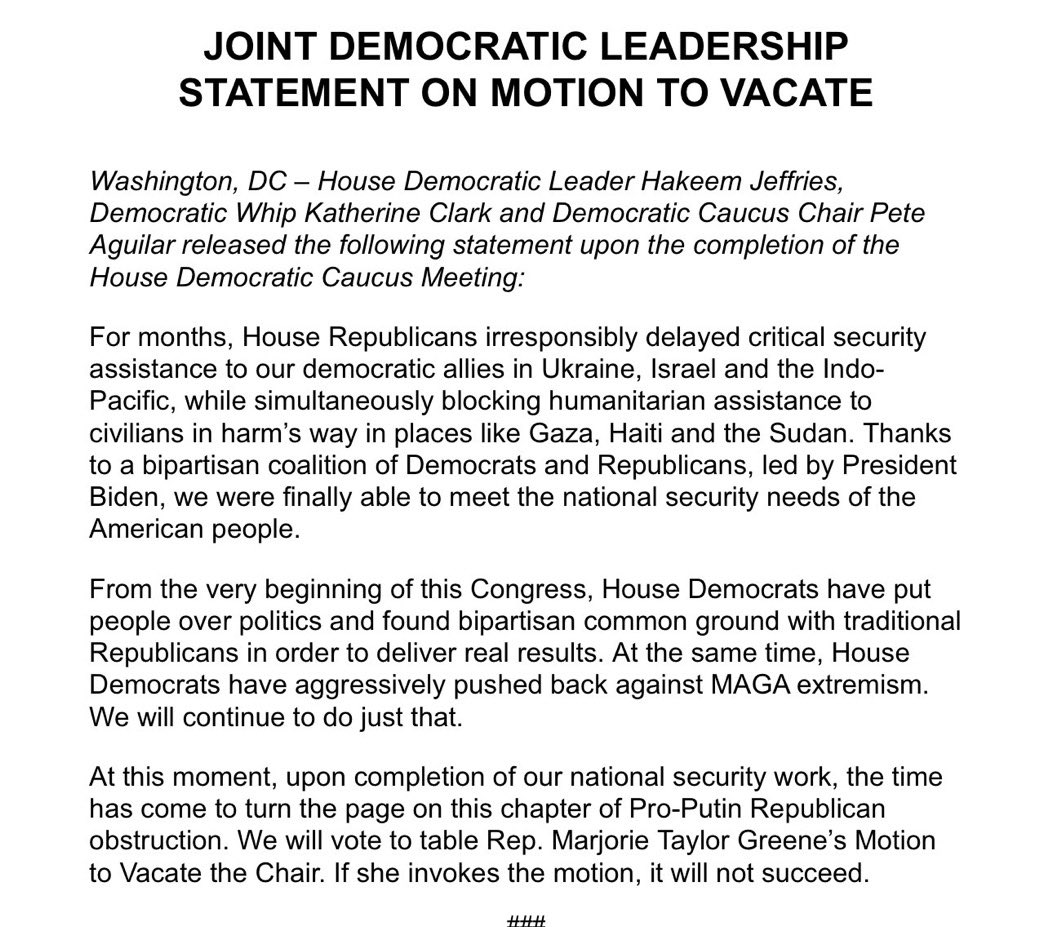 Why does Hakeem Jeffries want Mike Johnson as Speaker? DEMS WANT: *nothing done on the border *no conservative policy victories *more money for Ukraine *a Dem majority in November *expanded DOJ, FBI *no budget cuts Hakeem knows Mike can deliver all of these things as Speaker.