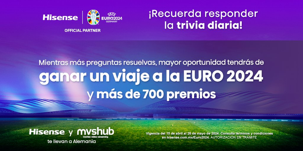 ¡Vive una experiencia extraordinaria con @Hisense y @mvshub!  Registra tu ticket de compra de productos #Hisense en bit.ly/3Qku6yb y participa para ganar uno de los más de 700 premios incluyendo un viaje.   
#HisenseEuro2024 #MVSHub  
AUTORIZACIÓN EN TRÁMITE.