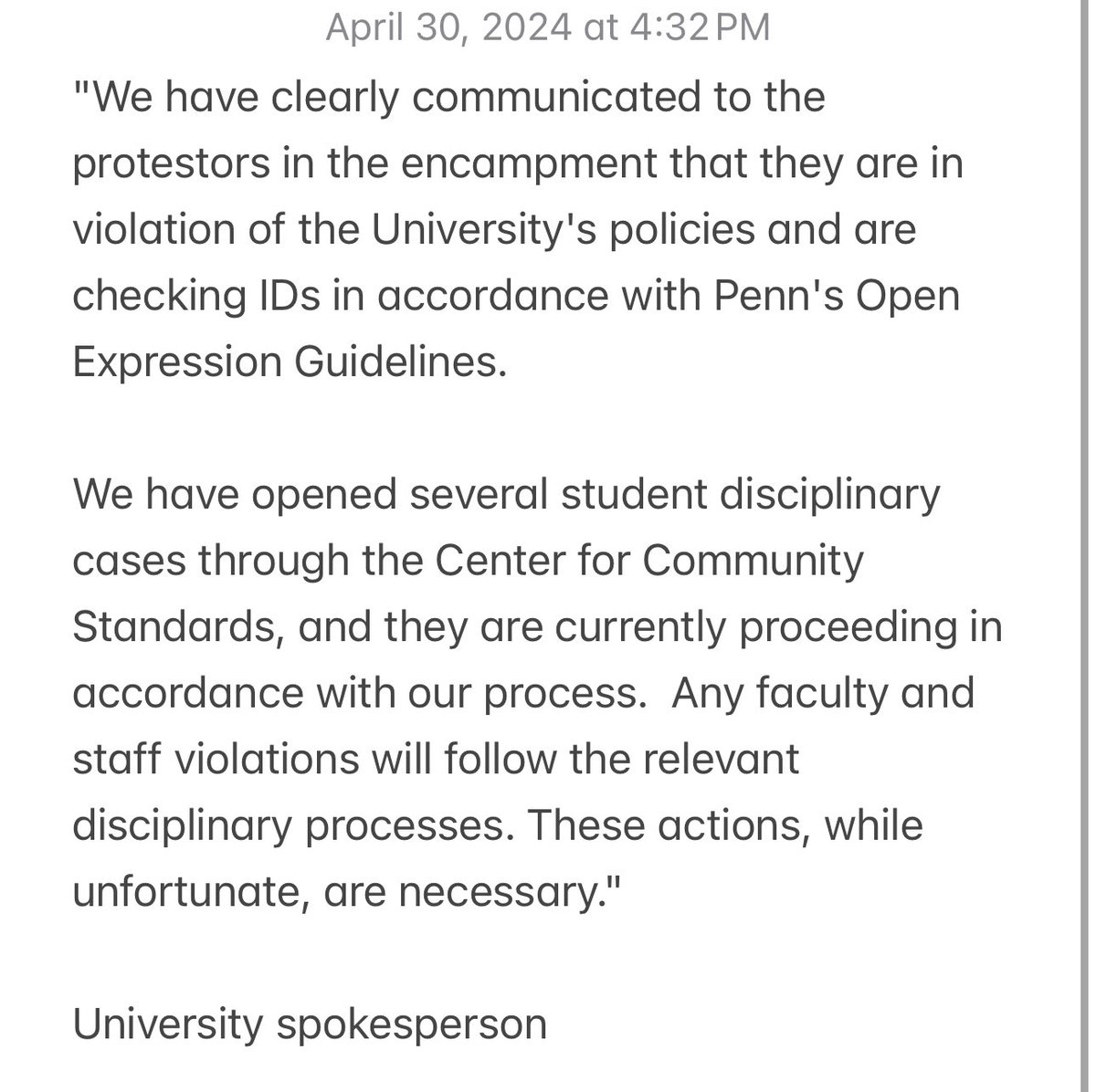 New Statement from University of Pennsylvania officials on Pro-Palestinian encampment on College Green: Protesters have been encamping since last Friday when they were first informed by Penn they were trespassing and violating university and city codes. @CBSPhiladelphia