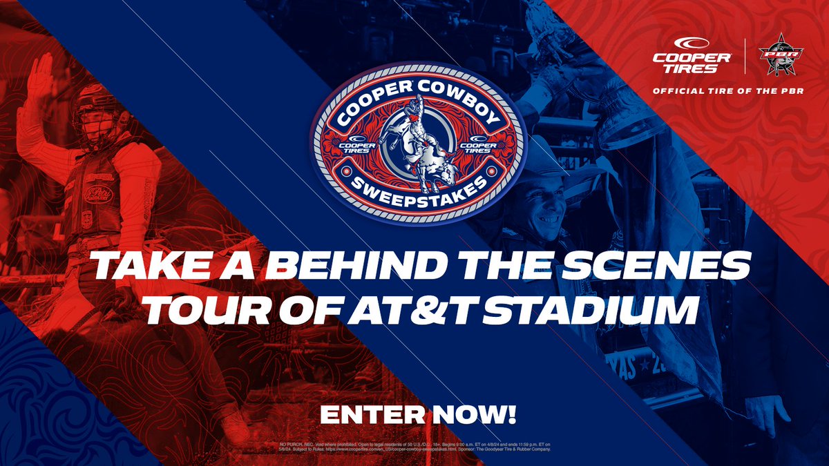 Don’t miss your chance to be part of the action. Enter the Cooper Cowboy Sweepstakes for a chance to win 2 tickets to the championship, a rider meet and greet, and a tour of AT&T Stadium. No purchase necessary. Enter now: coopertire.gy/6015jHTu3