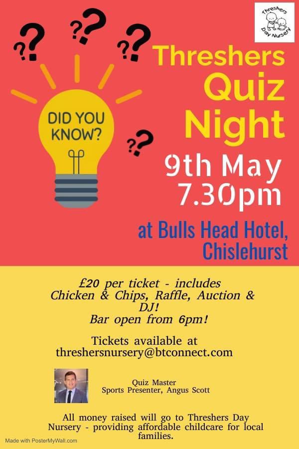 Quiz Night at Bulls Head Hotel on 9th May. Quiz Master, sports presenter Angus Scott! Food, raffle and auction! Bar open from 6pm! Tickets on sale in advance, details below.