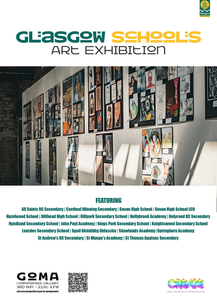 Glasgow Schools Art Exhibition 2024 opens tomorrow in <a href="/GlasgowGoMA/">GoMA Glasgow</a>. From 3rd - 16th May you can see work from pupils in @allsaintsrcsec , <a href="/GovanHighSchool/">Govan High School</a> and <a href="/HolyroodSec/">Holyrood Secondary</a>. Please pop in to the COMMONSpace Gallery to see a small slice of the creativity of our Art &amp; Design pupils.