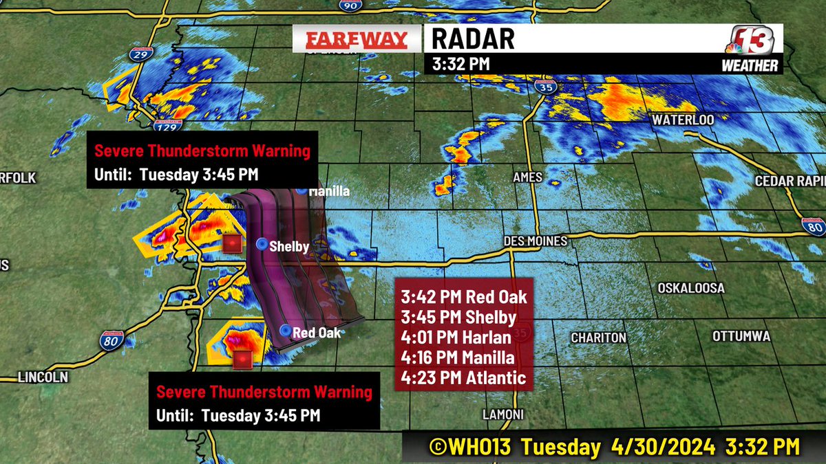 Two very strong thunder storms in western Iowa are moving WNW at 30 MPH. These are severe thunderstorms with damaging wind and large hail. The northern storm is moving toward the same area which had the tornadoes last Friday.