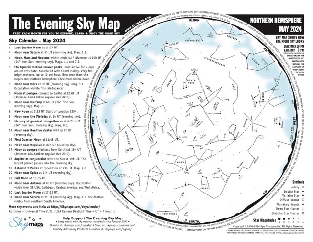1 May: Last Quarter Moon at 11:27 UT (now). This Moon phase marks the start of dark moonless evening skies for the next 7 to 10 days. Download a copy of The Evening Sky Map (PDF) from skymaps.com/tesm/ and enjoy an evening under the stars! #Astronomy #Space