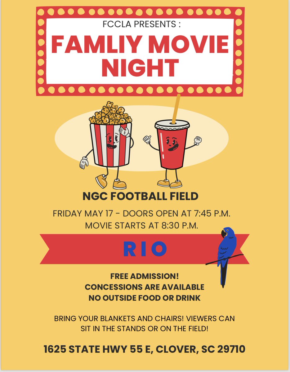 Bring your chairs and blankets and make plans now for a fun family night while supporting @clover_fccla! 🎥 🍿 🍕 #movienight #familfun #clovercte #cteinsc #unitedinexcellence #keepingitreal #thankyouforyoursupport