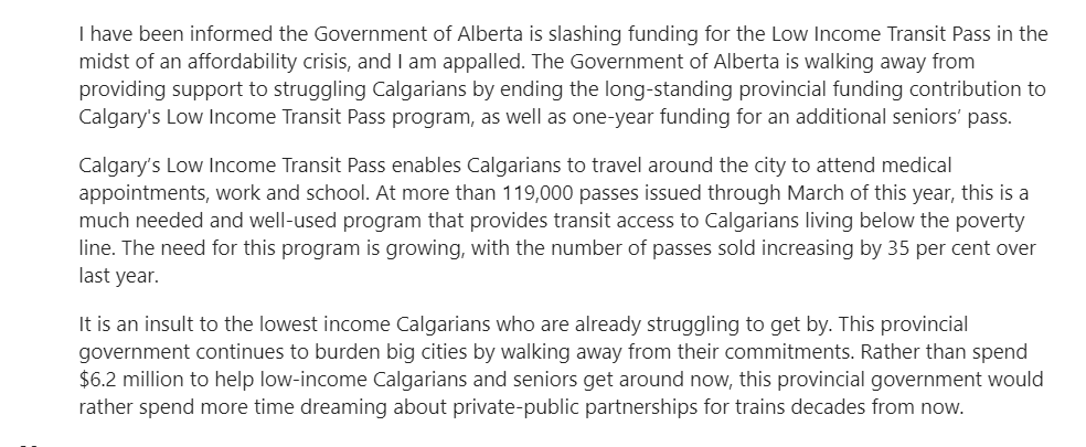 NEW: Calgary mayor Jyoti Gondek has released this statement saying she's been informed the Government of Alberta is cutting its funding for the low-income transit pass program.