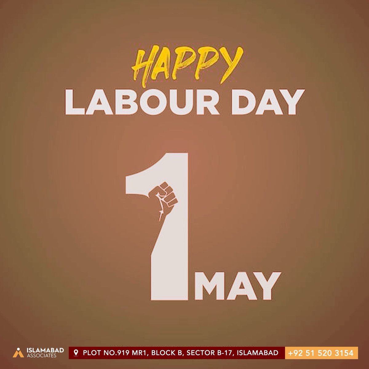 May all workers be treated equally with dignity and respect, and an environment free from discrimination Happy Labour Day.

 #MayDay, #InternationalWorkersDay, #islamabadassociates #FairWages #realestate