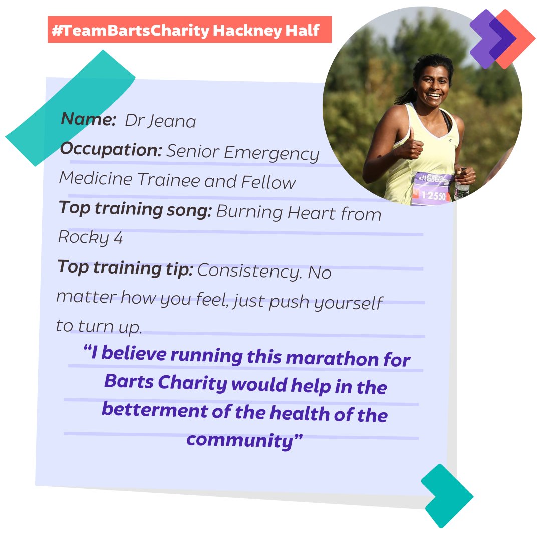 Meet some of our amazing #TeamBartsCharity Hackney Half runners! 💜 Good luck to Dr Jeana and everyone else taking on Hackney Half to help us continue being there for the people of #EastLondon.