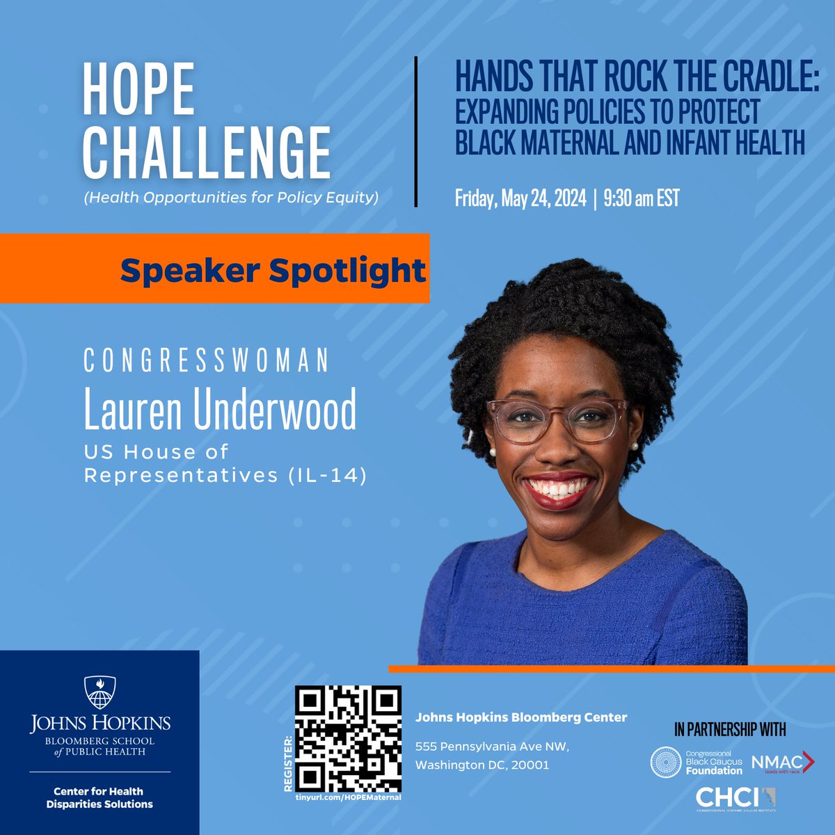 Join Us for a #BlackMaternalHealth Discussion🌟 Our keynote speaker, Office of Rep. Lauren Underwood, will walk us through the disparities and challenges Black mothers and babies face nationwide and how policy changes can help to bridge these gaps. tinyurl.com/HOPEMaternal