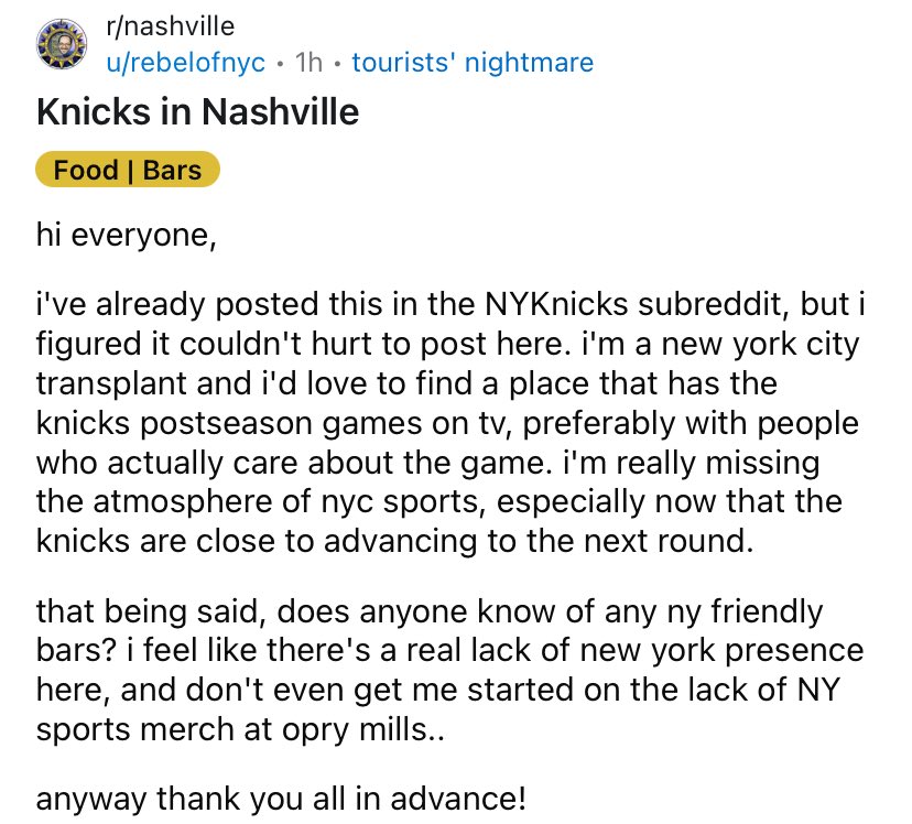 “I feel like there’s a real lack of New York presence here” BITCH IT’S BECAUSE YOU’RE IN NASHVILLE AND WE DON’T GIVE A FUCK