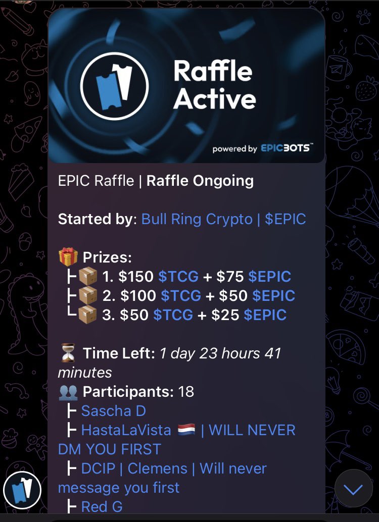 $450 RAFFLE IS NOW LIVE! 👌🏼 Stop by our TG and click to enter our latest #giveaway t.me/tcgonsol $450 is up for grabs, courtesy of our newest partner, @EPICBOTS_io $TCG is always bringing the ALPHA WE ARE THE PEOPLES MEME! #contest #crypto #memecoins #solana