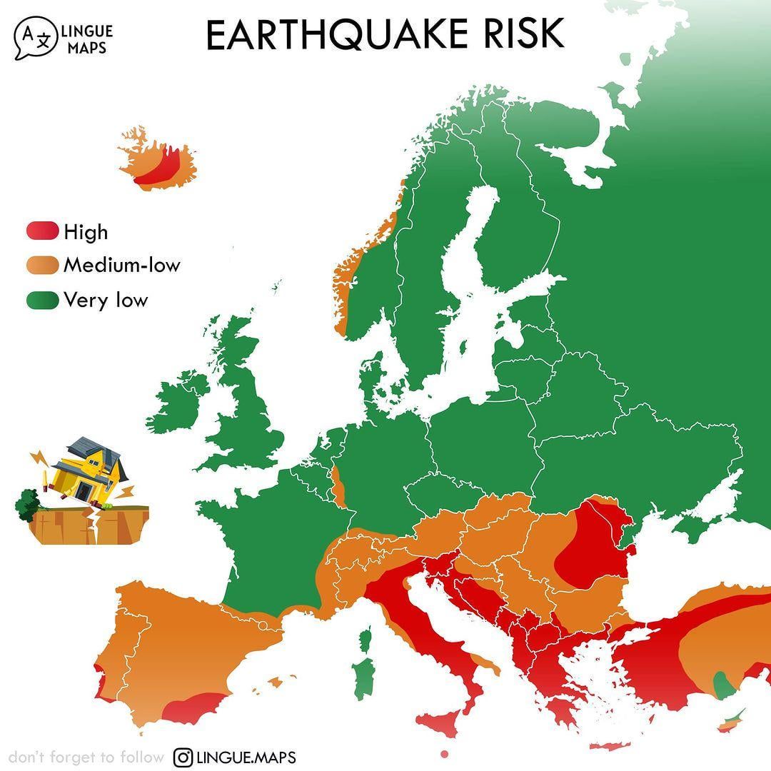 This map by @lingue.maps (on Instagram) shows the earthquake risk in Europe.