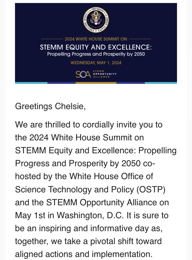 Honored and excited to be headed to DC at the last minute for the @SOA_2050 White House Summit on STEMM Equity! Apparently the morning plenary will be live-streamed at 9am est tomorrow here: bit.ly/WHsummit2024 #STEMMforAll #STEM