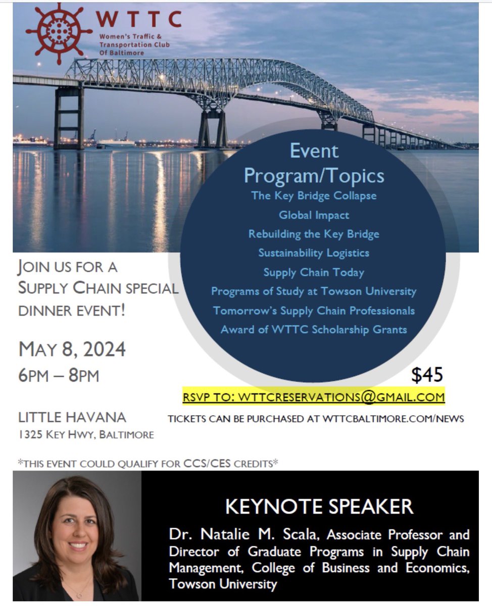 TowsonU Supply Chain (@tusupplychain) on Twitter photo Save the date!
WTTC Baltimore will be having a supply chain special dinner event! Check the picture for more details! Grab a ticket and save the date! The keynote speaker for this event is <a href="/drnataliescala/">Natalie Scala</a> our program director
#wttc #networking #supplychain Save the date!
WTTC Baltimore will be having a supply chain special dinner event! Check the picture for more details! Grab a ticket and save the date! The keynote speaker for this event is <a href="/drnataliescala/">Natalie Scala</a> our program director
#wttc #networking #supplychain
