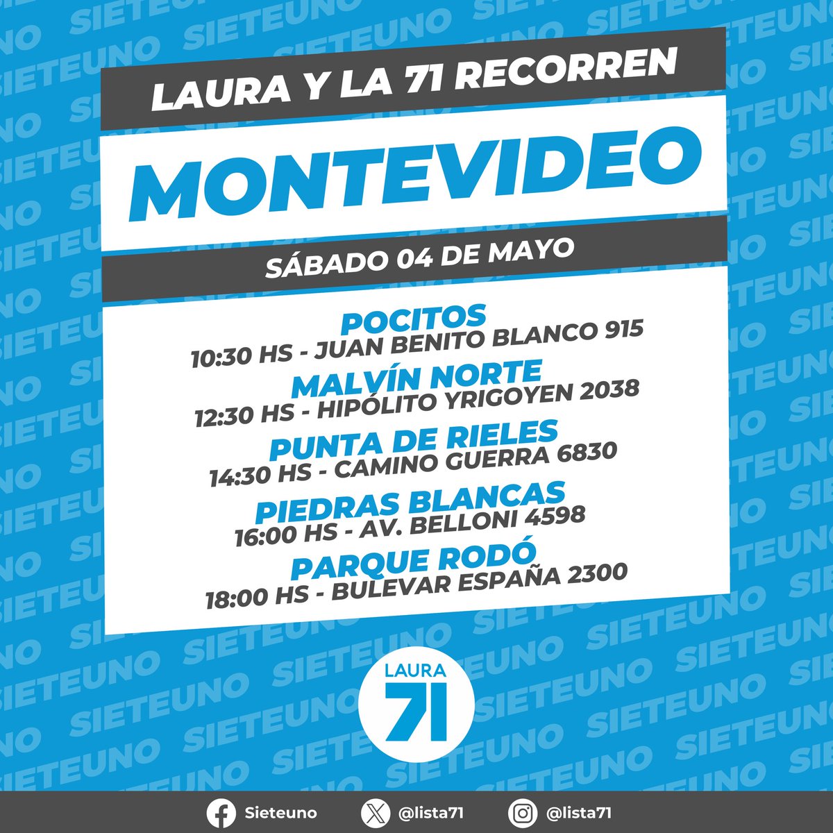 ¡Este sábado inauguramos nuevas sedes con @lauraraffo! 📍POCITOS - Juan Benito Blanco 915 🕥10:30hs 📍MALVÍN NORTE - H. Yrigoyen 2038 🕧12:30hs 📍PUNTA DE RIELES - Cno. Guerra 6830 🕝14:30hs 📍PIEDRAS BLANCAS - Av. Belloni 4598 🕓16hs 📍PARQUE RODÓ - Bv. España 2300 🕕18hs