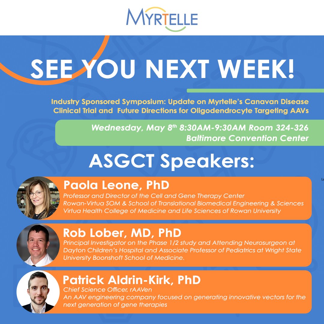 We are looking forward to seeing you next week at the ASGCT symposium where we will present updates on our Canavan disease clinical trial. #asgct #canavandisease #clinicaltrial #asgctsymposium