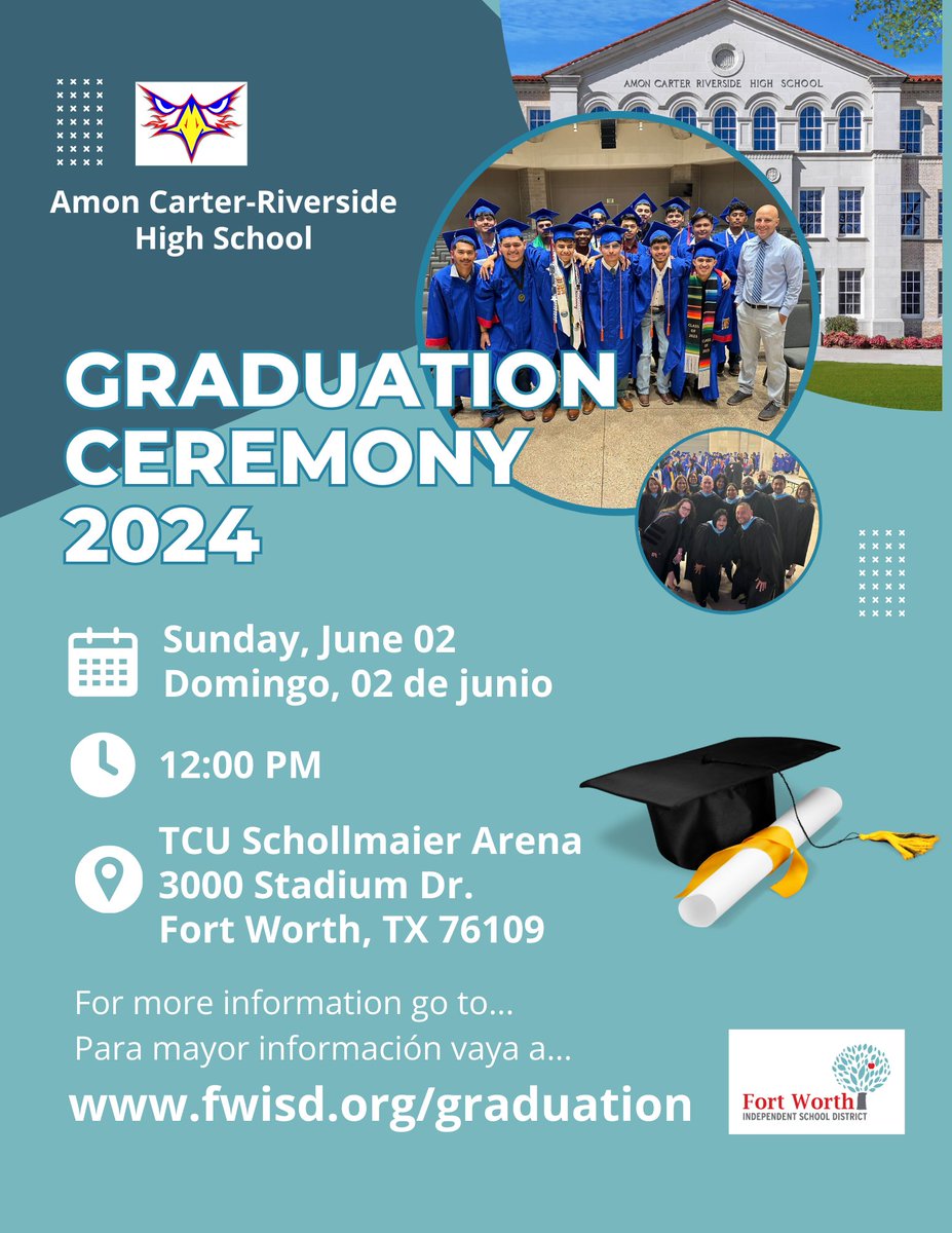 Graduation 2024 is right around the corner and here is important information we want to share with you. For essential details that will help you and your graduate enjoy the 2024 graduation ceremony refer to the
<a href="/FortWorthISD/">Fort Worth Independent School District</a> website fwisd.org/graduation. #OneFortWorth