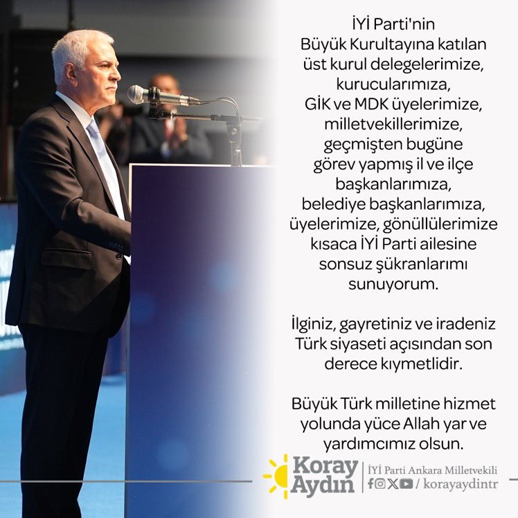 🔥Koray Aydın İYİ Parti kurultayı sonrası ilk paylaşımını yaptı. 📌 Yaptığı paylaşımda yeni seçilen İYİ Parti Genel Başkanı Musavat Dervişoğlu'nu tebrik etmemesi dikkat çekti.
