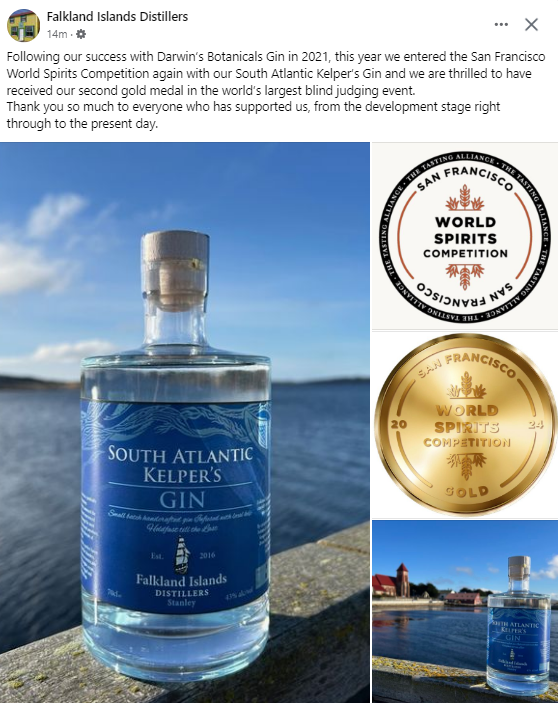 Excellent news for all you gin lovers out there. #Falkland Islands Distillers have managed to bag themselves a gold medal at the @SFWSpiritsComp (San Francisco World Spirits Competition) with their South Atlantic Kelper’s Gin. Bottoms up ! :-)