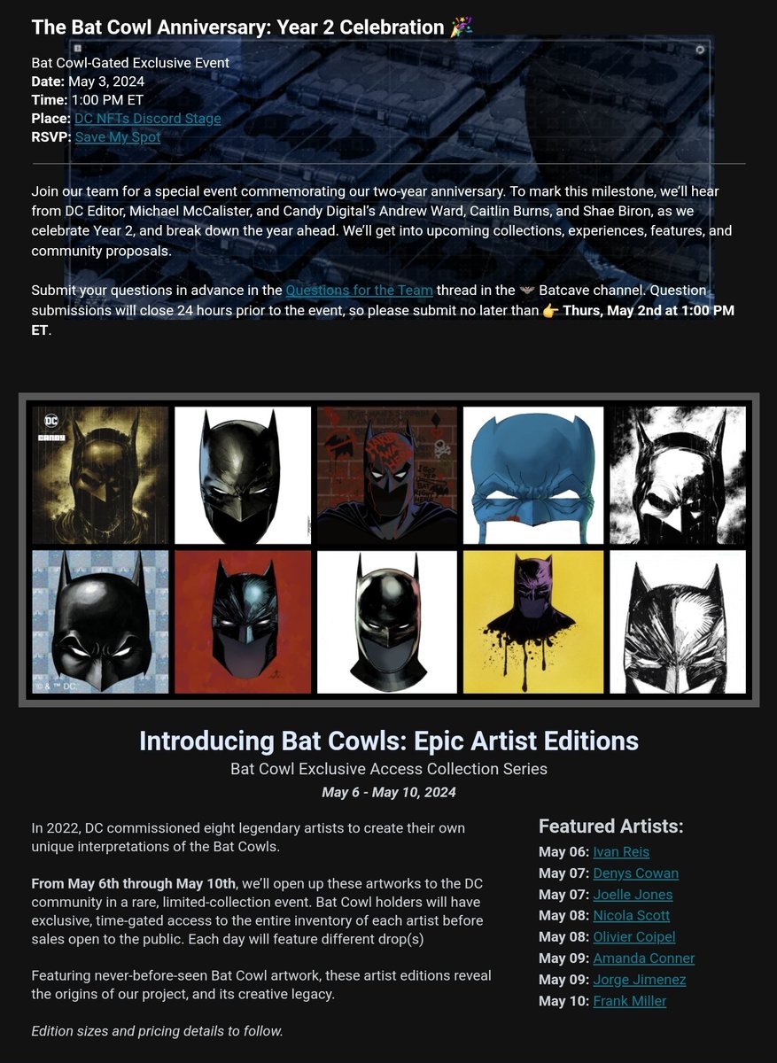 52 Day Update is here 🦇
Sounds like @batcowls is not stopping anytime soon... 🫡
Spicy AF 🌶
Check your emails! 
🦇#Batman #BatmanNFT #DCComics #GCDK #DCknightwatch #BatFam #BatCOWLS #HarleyQuinnCrew #BatmanTheLegacyCowl🦇