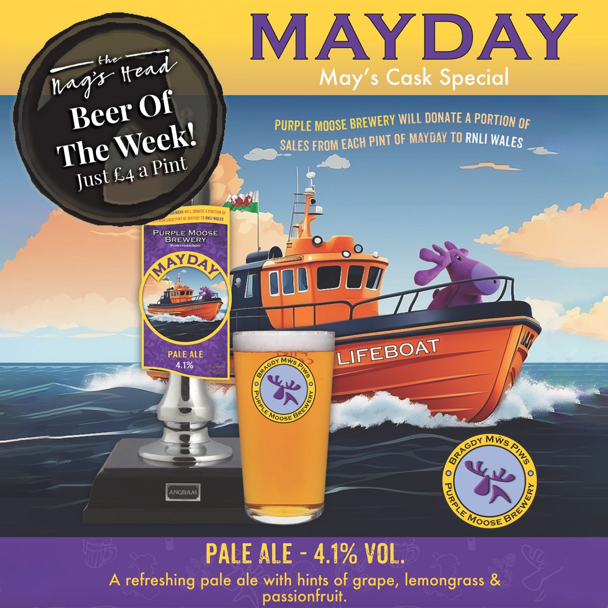 Just tapped this evening - @PurpleMooseBrew #MAYDAY Pale Ale! 💜🍺
This #BeerOfTheWeek is just £4 a pint (with a portion of each sale going to @RNLI Wales) 🚤🛟🏴󠁧󠁢󠁷󠁬󠁳󠁿
Pop in this week to enjoy a pint! 😄🍻

#RNLI #PurpleMoose #LocalBrewery #LoveLocal #SupportLocal #LocalAle #PaleAle
