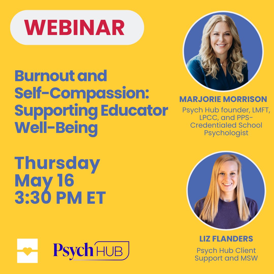 Excited to announce our upcoming webinar with @PsychHub Let's shift the narrative on burnout in education and prioritize well-being instead. Join us for an empowering session on Burnout and Self-Compassion: Supporting Educator Well-Being. Don't miss out on this opportunity to…