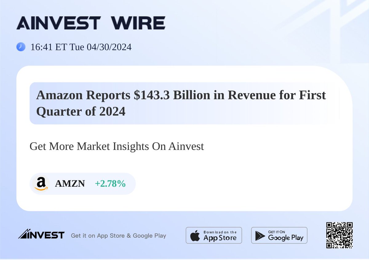 Amazon Reports $143.3 Billion in Revenue for First Quarter of 2024
$AMZN
#AInvest #Ainvest_Wire #onlinetrading #Investing #Finance
View more: ftn.ai/TLQISAT29