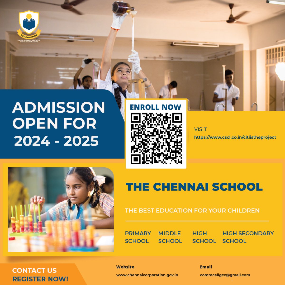 Dear #Chennaiites,

Enroll now at GCC's #TheChennaiSchool! Admissions are open. We aim towards excellence in education and holistic development.

@RAKRI1 
#ChennaiCorporation 
#HereToServe