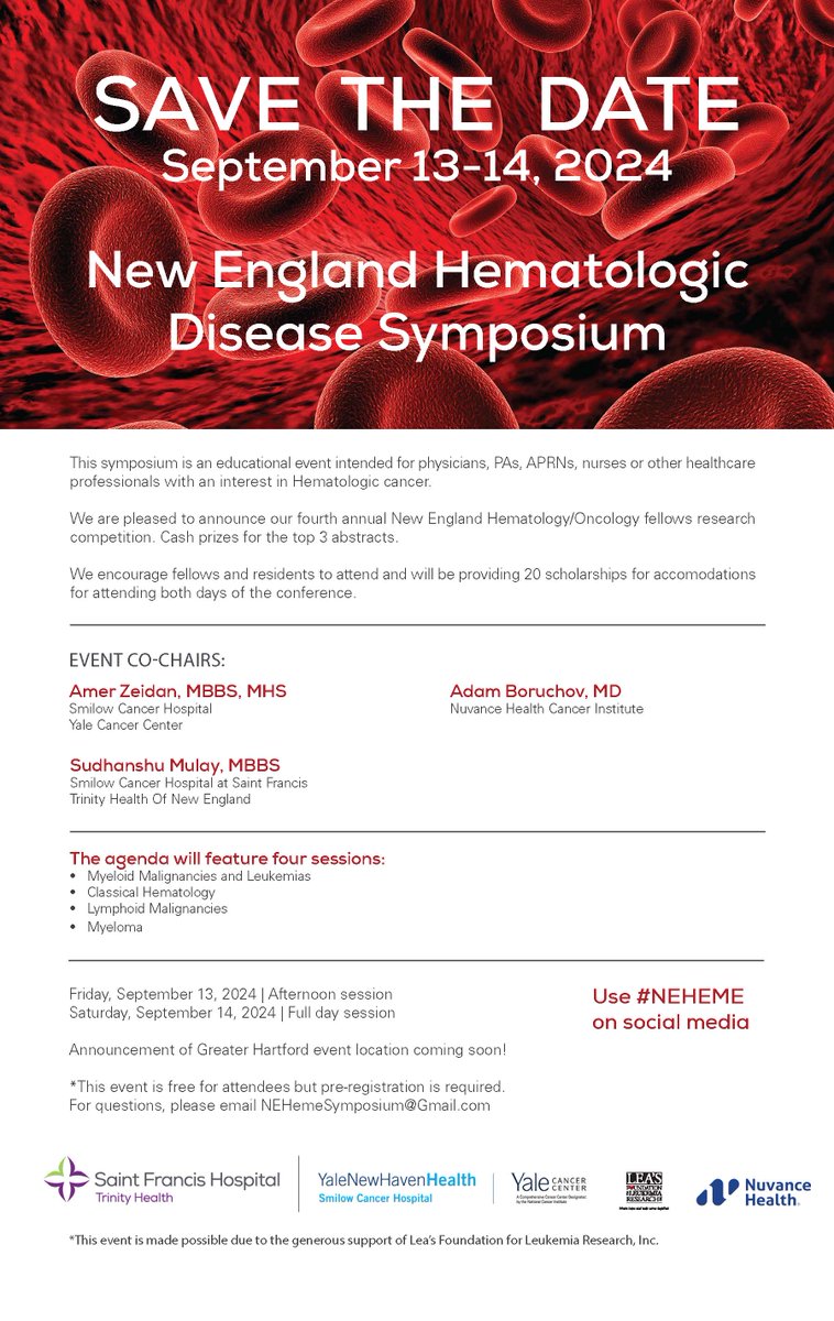Save the date: September 13-14, 2024 New England Hematologic Disease Symposium with Co-Chairs @Dr_AmerZeidan, Dr. Sudhanshu Mulay, and @AdamBoruchov #NEHEME @SmilowCancer @YaleMed @YNHH @YaleHematology @YaleHemOnc