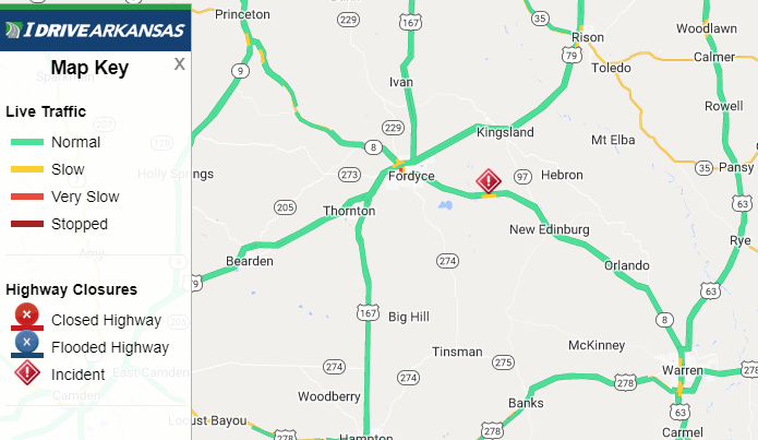 Cleveland Co: (UPDATE) Hwy 8 all lanes remain blocked 3.3 miles East of State Highway 205 (Fordyce) due to an accident involving a tractor-trailer. Monitor IDriveArkansas.com for the latest information. #artraffic #swatraffic #seatraffic