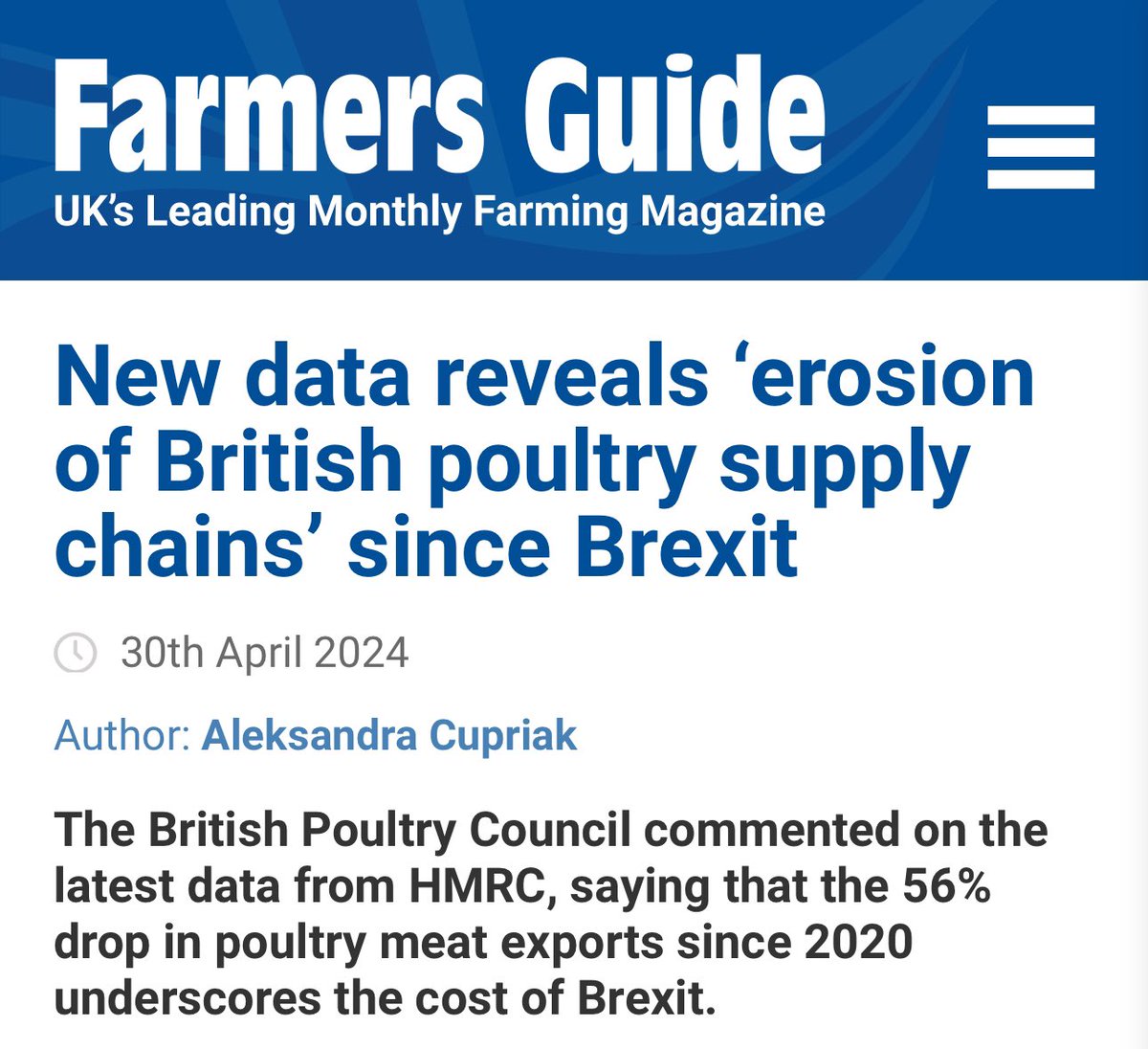 56% drop in 🇬🇧 poultry meat exports since 2020 underscoring cost of Brexit. Poultry certification alone has cost exporters £55M/year since 1st January 2021. Meanwhile, importers enjoyed competitive advantage, paying £0 as 🇬🇧 controls delayed five times. farmersguide.co.uk/livestock/live…