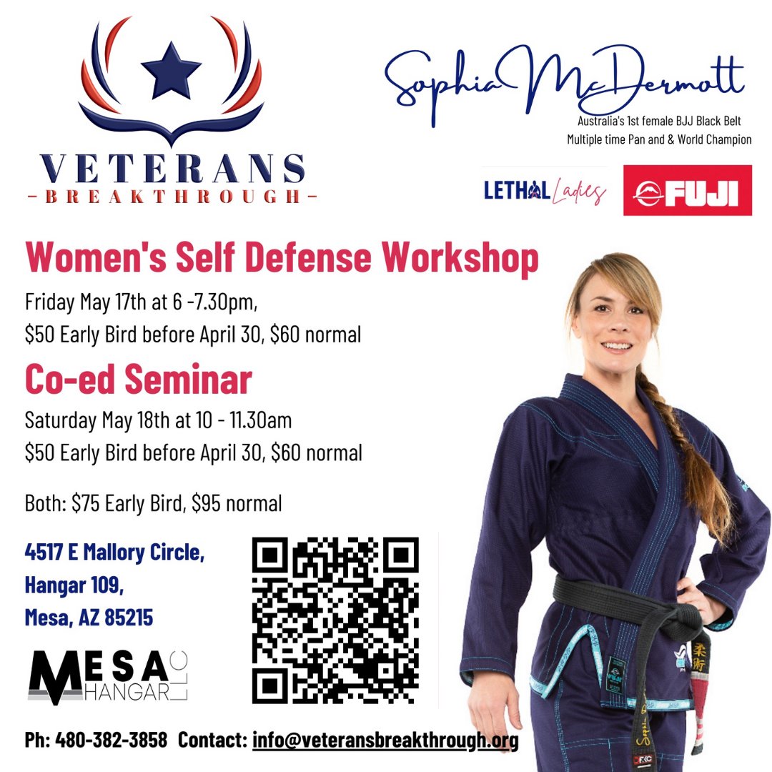 Learn all about self defense at Veterans Breakthrough's seminars later this month! To learn more including how to register scan the QR code or click veteransbreakthrough.org. #AZVets #Veterans #selfdefense
