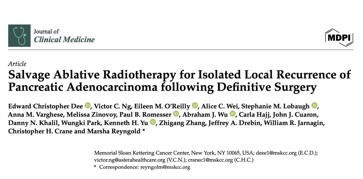 📜 We report the @MSKCancerCenter experience of #ablative #radiation for isolated local #recurrence of #pancreas #cancer in @JCM_MDPI 🙏 Drs @EileenMOReilly @Wei_AC @AnnaVarghese4 @DrPaulRomesser @haydencrane5 @RadDocMReyngold & those not on X 🔗 mdpi.com/2077-0383/13/9…