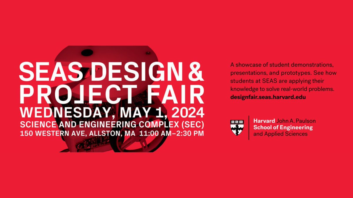 In Allston on May 1? Stop by the SEC for the annual SEAS Design & Project Fair! A showcase of student demonstrations, presentations, and prototypes. See how students at SEAS are applying their knowledge to solve real-world problems. Food and opportunities for SEAS Swag!