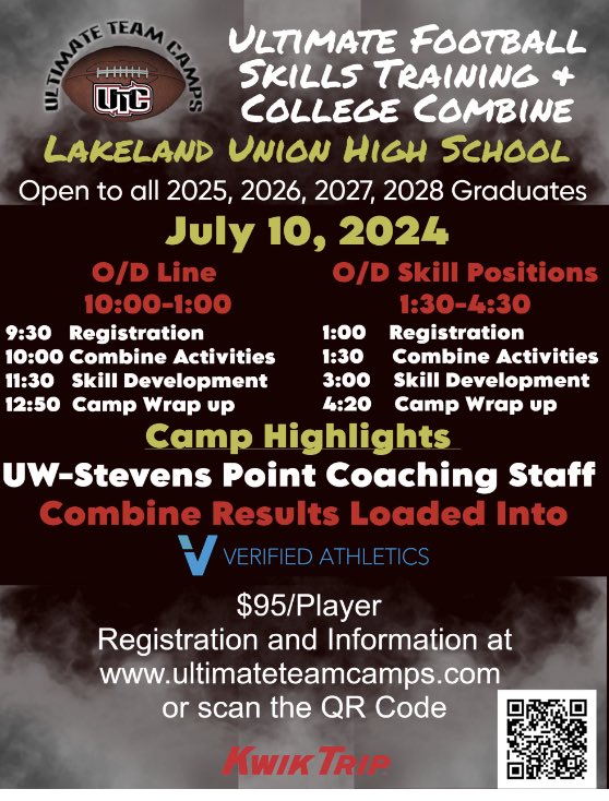 Ultimate Team Camps (@ultteamcamps) on Twitter photo We are now taking registrations for registrations for our UTC Football Camps this summer with <a href="/UWSPFootball/">UWSP Football</a>!
- June 26 @ Amherst High School
- June 28 @ Oconomowoc High School
- July 10 @ Lakeland High School
Register online today!
ultimateteamcamps.com/football-skill… We are now taking registrations for registrations for our UTC Football Camps this summer with <a href="/UWSPFootball/">UWSP Football</a>!
- June 26 @ Amherst High School
- June 28 @ Oconomowoc High School
- July 10 @ Lakeland High School
Register online today!
ultimateteamcamps.com/football-skill…
