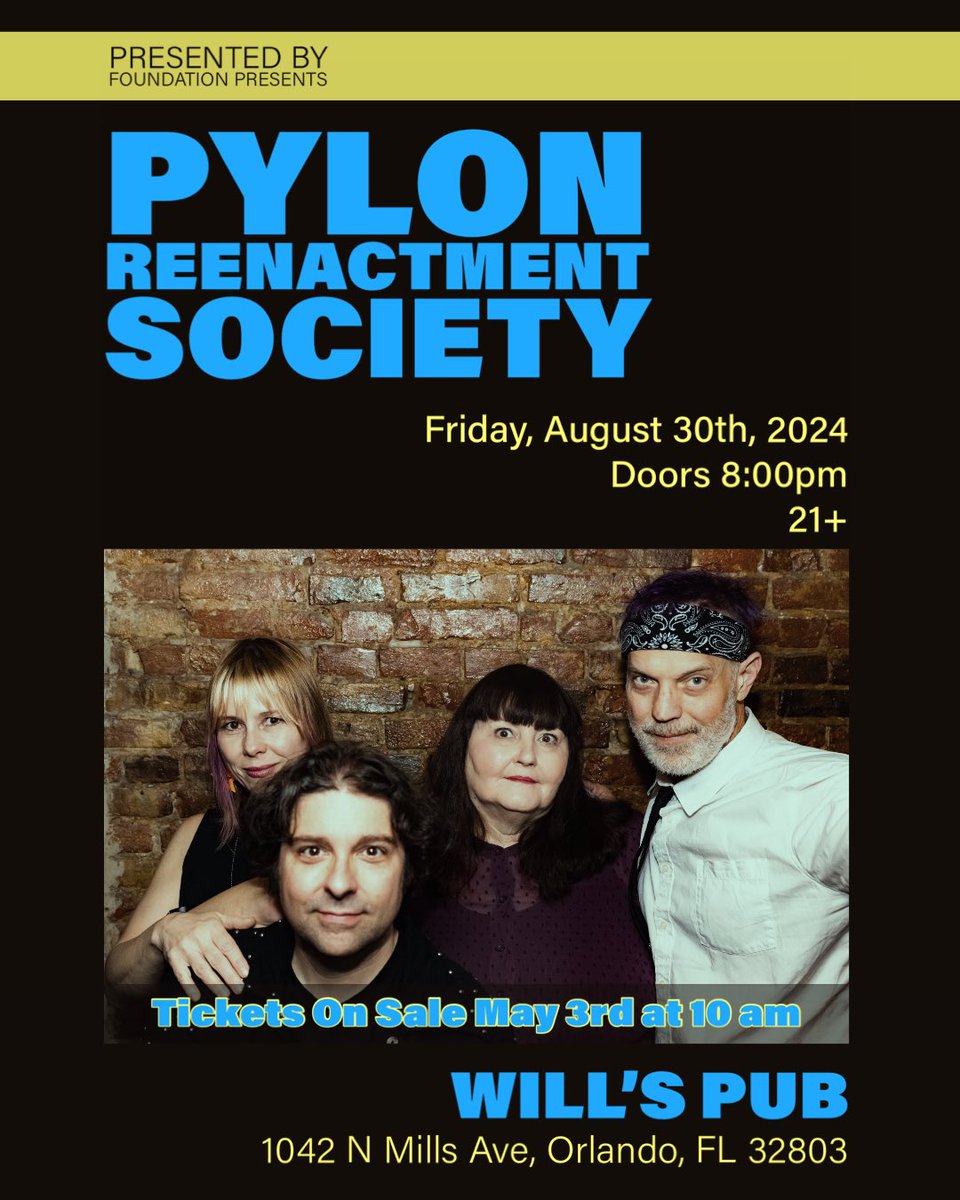 #PylonReenactmentSociety announcing an Orlando date.  

Friday August 30th at @willspub 

Tickets go on Sale Friday, May 3rd at 10 am. 

tkx.live/events/pylon-r…

#thingstodoinorlando #PylonReenactmentSociety #OrlandoFL #willspub #postpunk

Photo by @countfeed