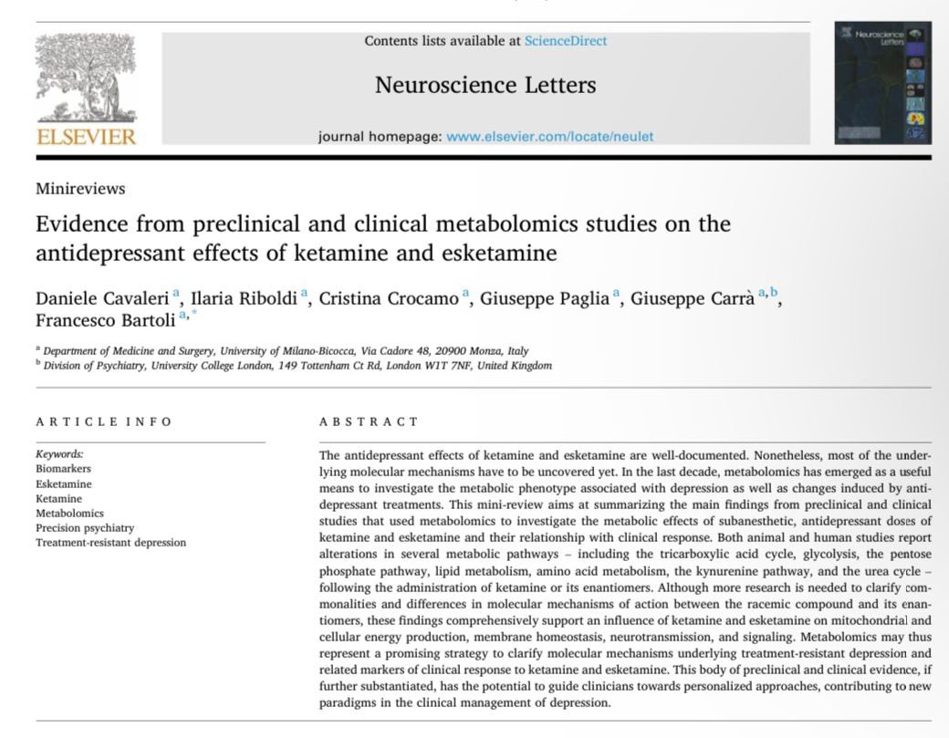 UNIMIB Psychiatry - Milano Lab (@unimib_psychiat) on Twitter photo Pleased to share our new Mini-Review of preclinical and clinical metabolomics studies on the antidepressant effects of ketamine and esketamine published in Neuroscience Letters!
doi.org/10.1016/j.neul…
@DanieleCavaler2 <a href="/ilaria_riboldi/">Ilaria Riboldi</a> <a href="/CristinaCrocamo/">Cristina Crocamo</a> @giuscarra <a href="/fbartoli_unimib/">Francesco Bartoli</a> Pleased to share our new Mini-Review of preclinical and clinical metabolomics studies on the antidepressant effects of ketamine and esketamine published in Neuroscience Letters!
doi.org/10.1016/j.neul…
@DanieleCavaler2 <a href="/ilaria_riboldi/">Ilaria Riboldi</a> <a href="/CristinaCrocamo/">Cristina Crocamo</a> @giuscarra <a href="/fbartoli_unimib/">Francesco Bartoli</a>